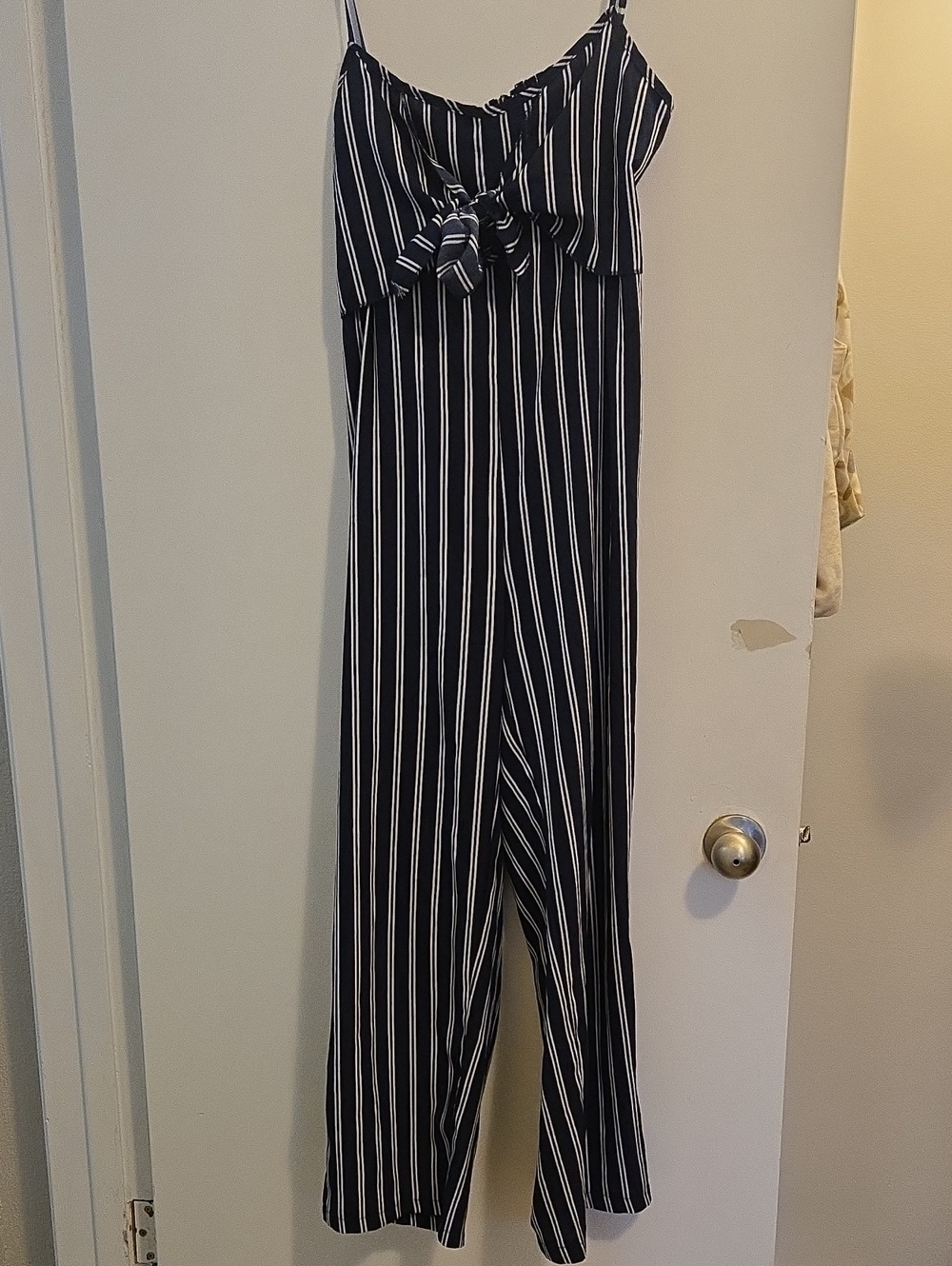 Striped Navy Jumpsuit with Tie Front